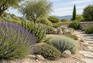 Jardin provençal ensoleillé avec lavandes, romarin, thym et santoline dans une rocaille paillée de gravier.